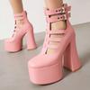 FOREADA Женские туфли-лодочки из искусственной кожи на платформе, супервысокий каблук-копытце, круглый носок, гладиаторский стиль, молния, панк-стиль, весенне-осенняя обувь, розовый
