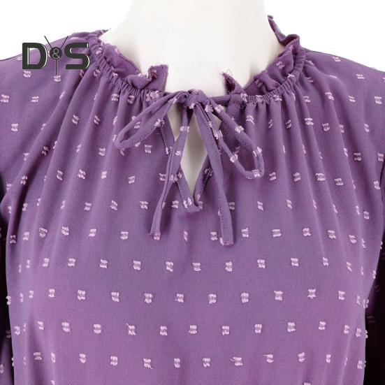 Women Fall Spring Dress Dot Print Pleated High Tight Waist Long Sleeve Shirring Collar Lace Up V Neck Mid Calf Length Lady Midi Dress