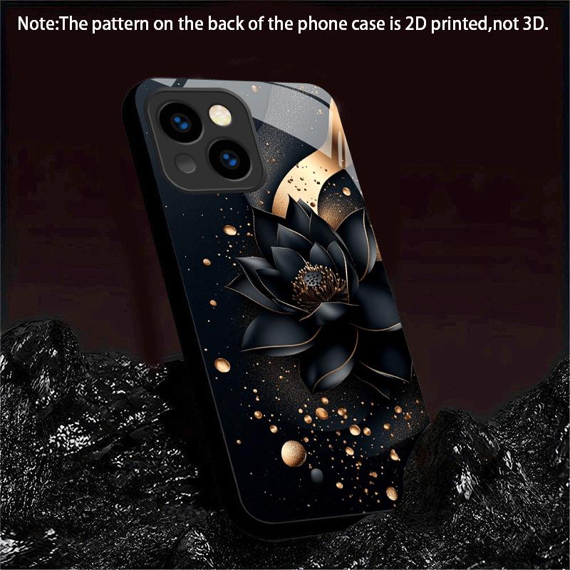 Черный золотой лотос Закаленное стекло Чехол для телефона Подходит для iPhone 17 16 15 14 13 12 11 Pro/Max/Plus Ударопрочная задняя крышка