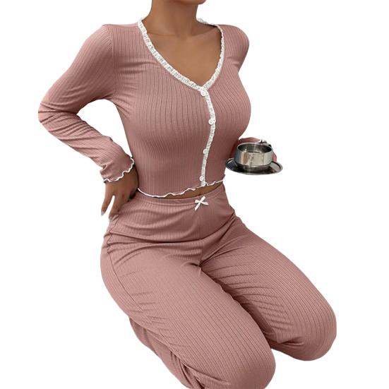 Womens Lace Trim Ribbed Knit Pajamas Set Long Sleeve Crop Top Wide Leg Pants Lounge Set 2 Piece Pjs Sleepwear