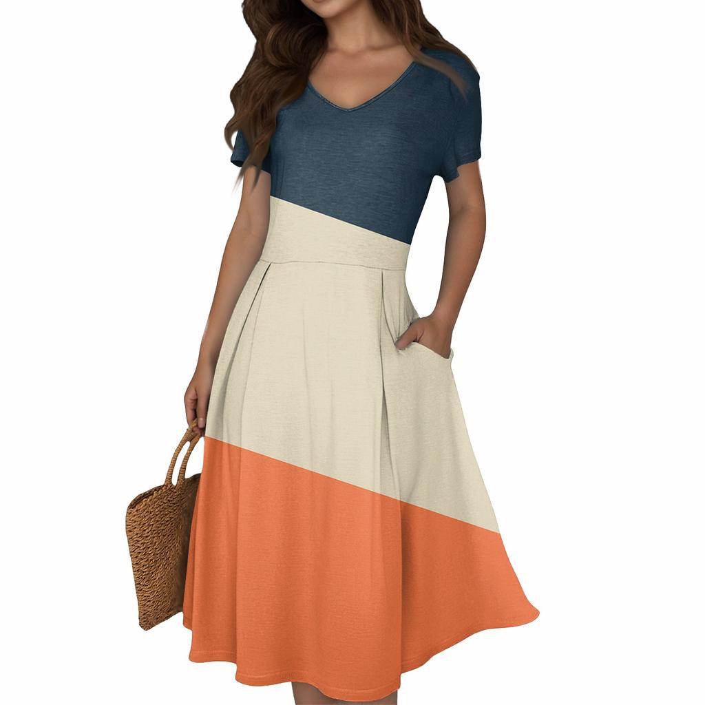 Женское летнее повседневное платье с принтом, V-образным вырезом, короткими рукавами и карманами