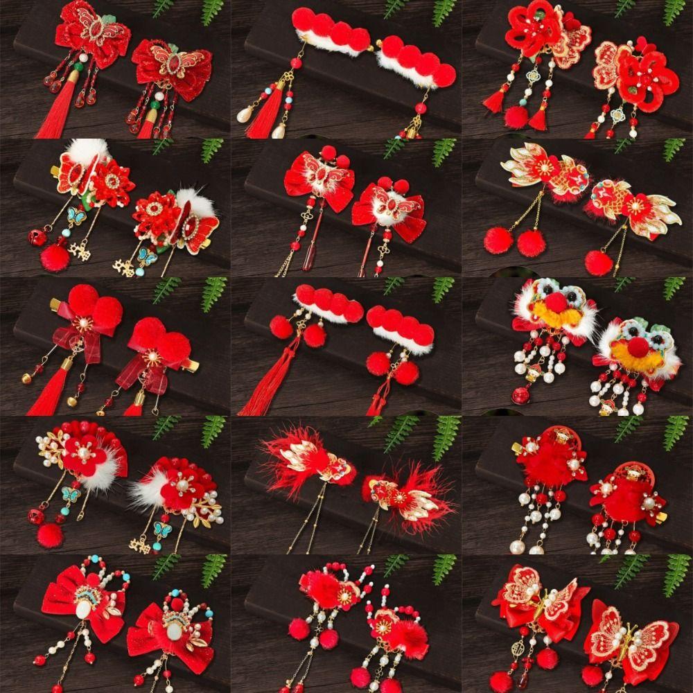 1 Pair Flower Hanfu Red Hair Clips Pearl Bow Tassel Hairpin New Year Headwear  Children