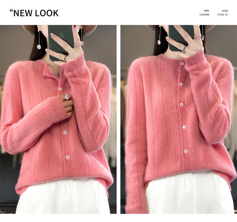 Women's Loose Knit Pure Wool Cardigan - Wheat Ear Design for Autumn Winter