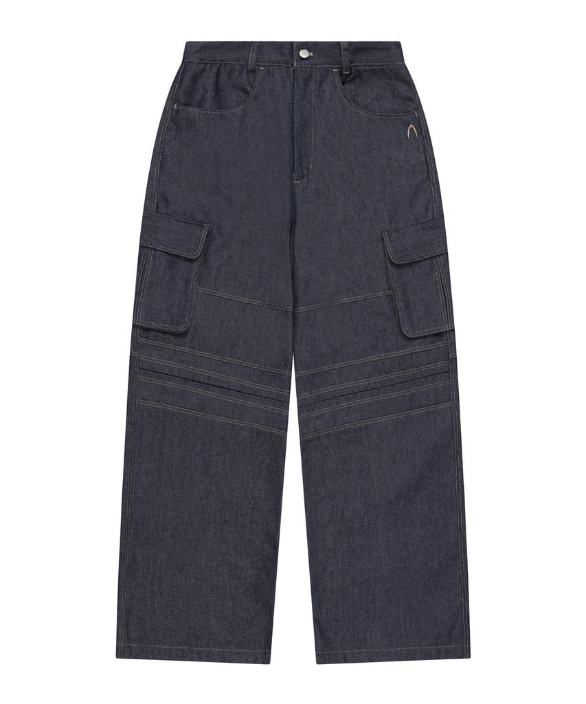 AAKAM Stitched Denim Wide Cargo Pants (Blue)