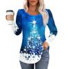 Рубашки с длинным рукавом для женщин, топы, нарядные повседневные блузки с рождественским принтом, плиссированные туники с круглым вырезом