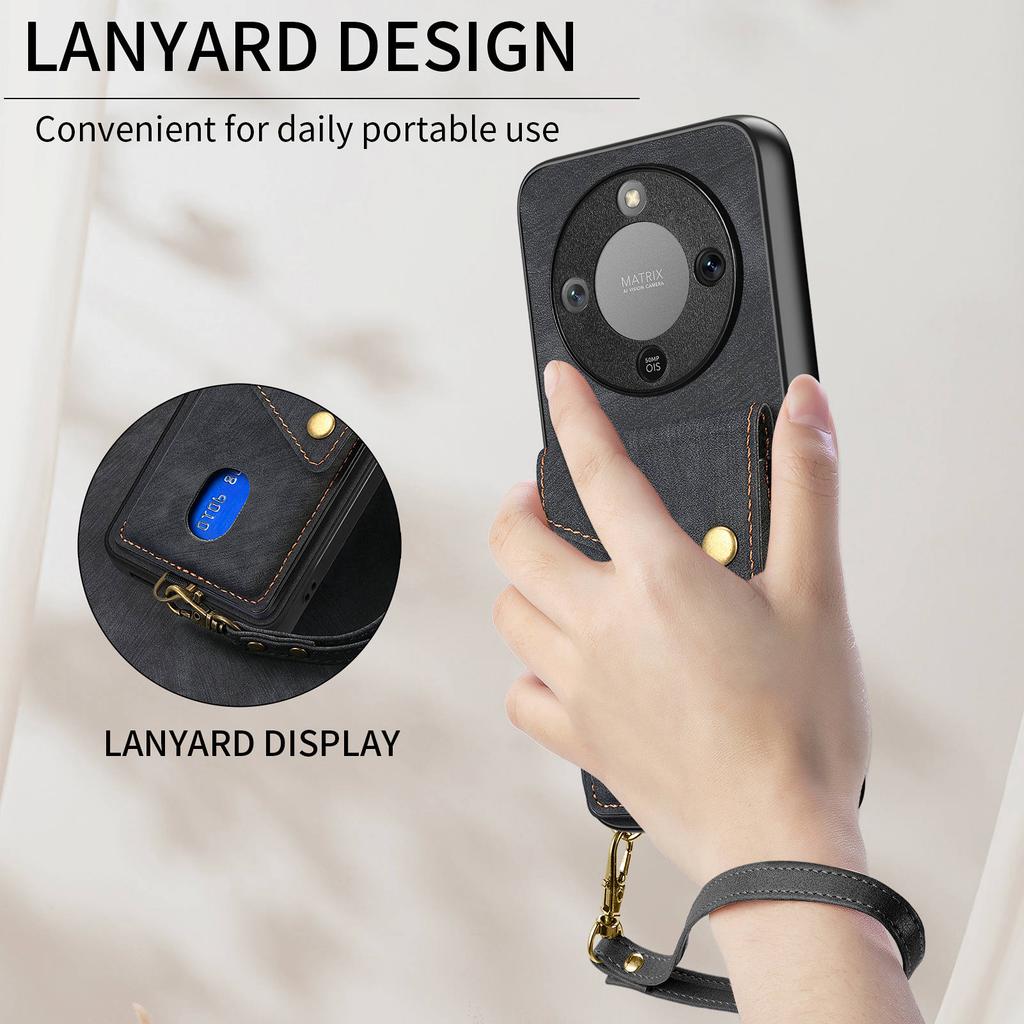 Чехол для телефона Honor Magic8 Lite 5G / X9d 5G / X70 5G с держателем для карт, подставкой, кожаной задней крышкой и ремешком на запястье