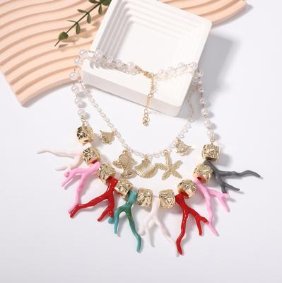 Новое женское колье в гавайском пляжном стиле, двойное, с имитацией жемчуга, коралловым сплавом, морской звездой, гребешком