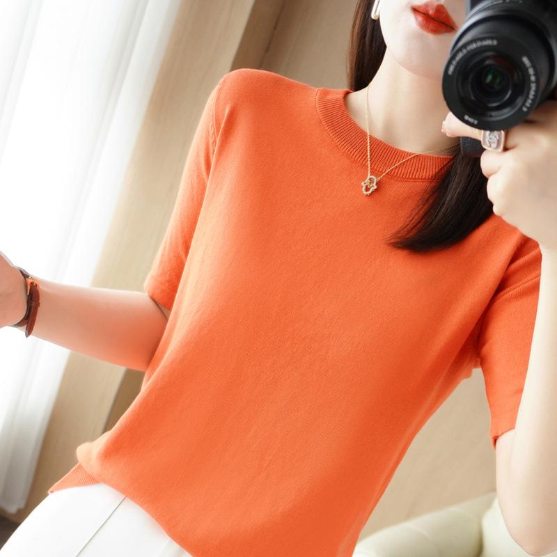 Свитер с круглым вырезом из ледяного шелка, женский, с коротким рукавом, летний, новый, простой, универсальный топ, модная и атмосферная футболка