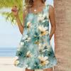 Женское модное повседневное платье без рукавов с квадратным вырезом, плиссированное платье-майка, пляжные платья с принтом