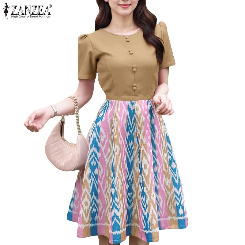 ZANZEA Women Casual Round Neck Short Sleeve Print Patchwork Dress