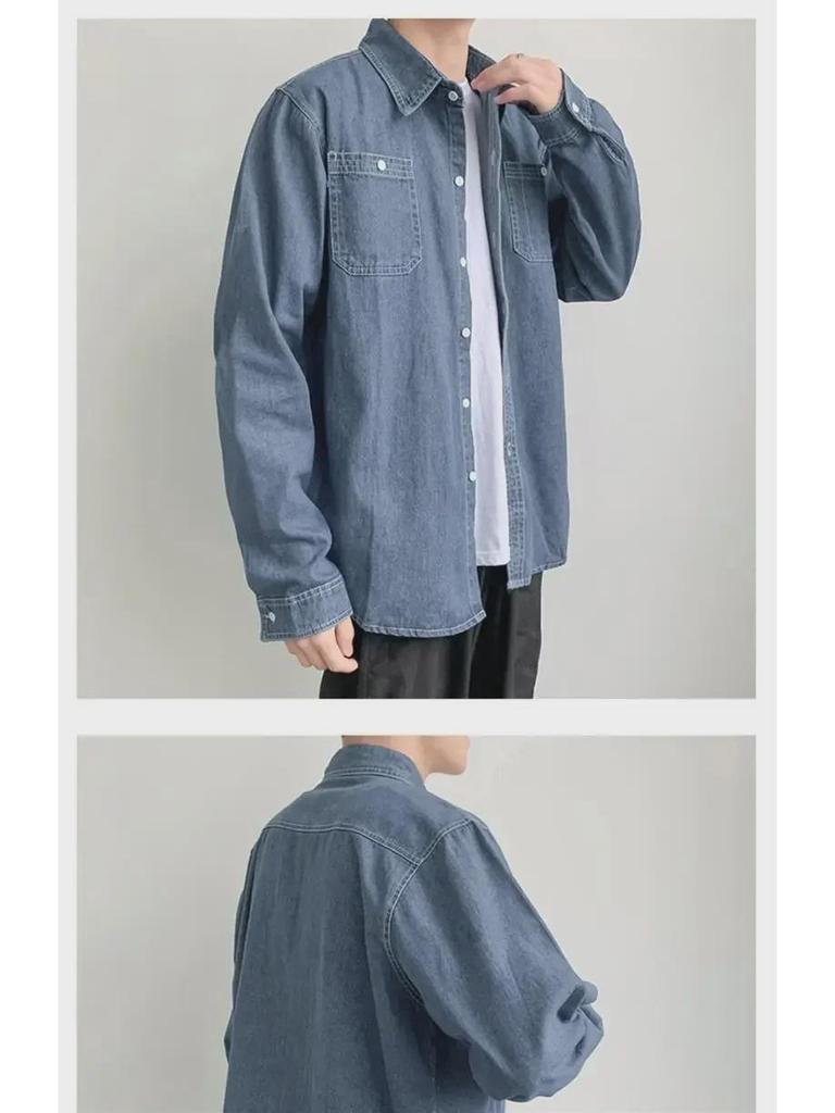 Men's Korean-Style Retro Denim Jacket - Long Sleeve, Lightweight for Spring & Autumn