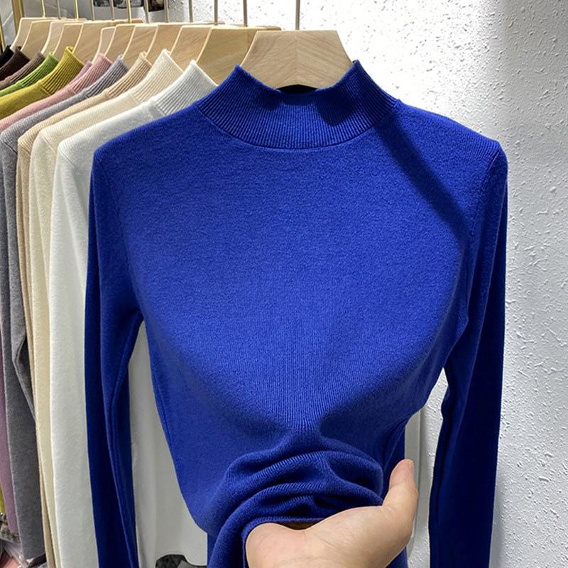 Осень-зима, длинный рукав, свитер, вязаный свитер, новая повседневная базовая рубашка, тонкий женский внутренний топ, полуводолазка, вязаные свитера, одежда 2579