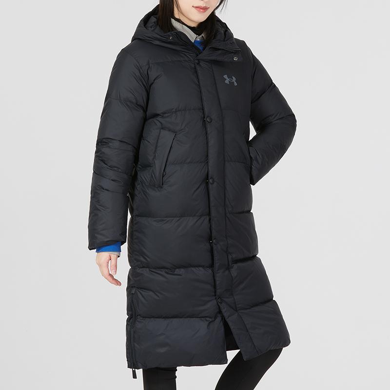Under Armour Solid Logo Sports Casual Long Hooded Down Jacket Women Upperwear Black 1375454-001