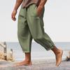 Men Cropped Pants Drawstring Elastic Waist Solid Color Loose Pockets Split Deep Crotch Soft Breathable Summer Vacation Beach Trousers