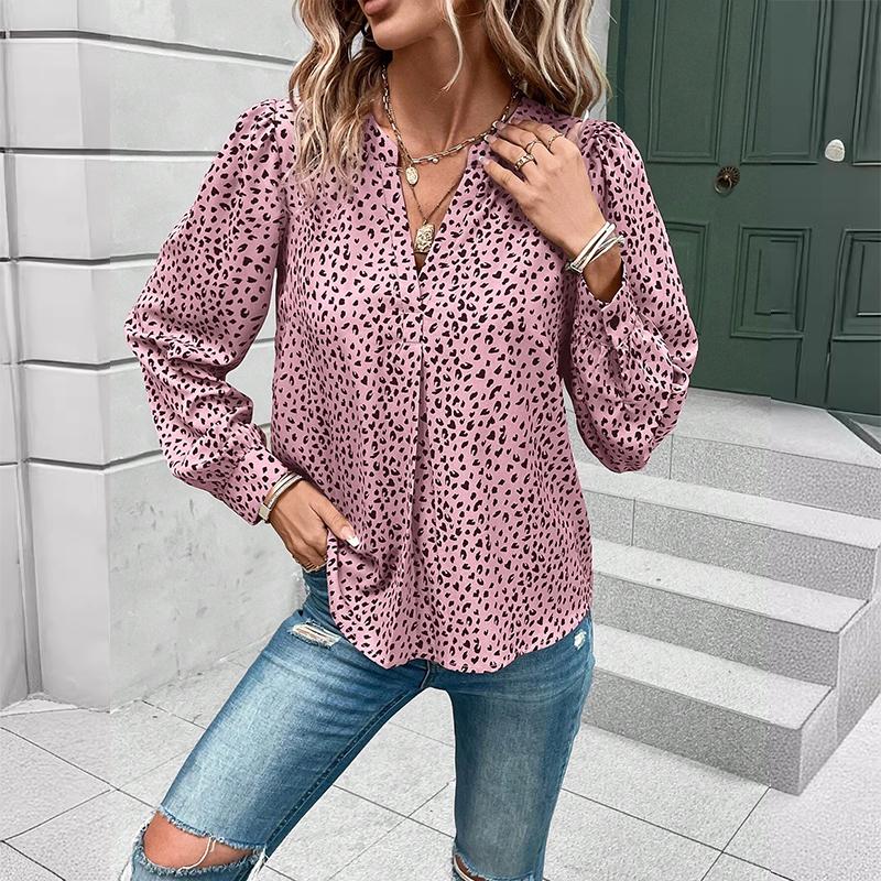 Women's V-neck Top Pullover Leopard Print Shirt Long Sleeves