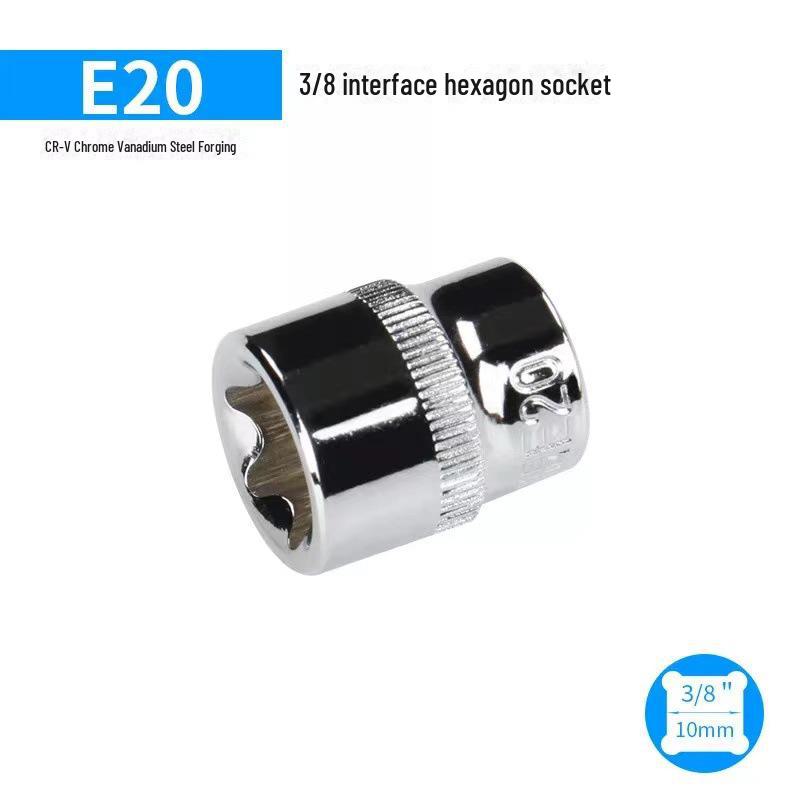 Metric 6-Point Flower-Shaped E-Type Socket Set: 1/2 Large, 3/8 Medium, 1/4 Small, Star Type.