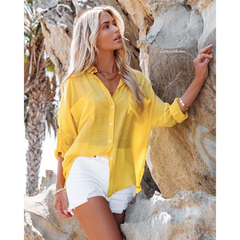 DIMANAF 2024 Блузка изо льна больших размеров для женщин - Повседневный свободный крой, Длинный рукав, Летняя мода