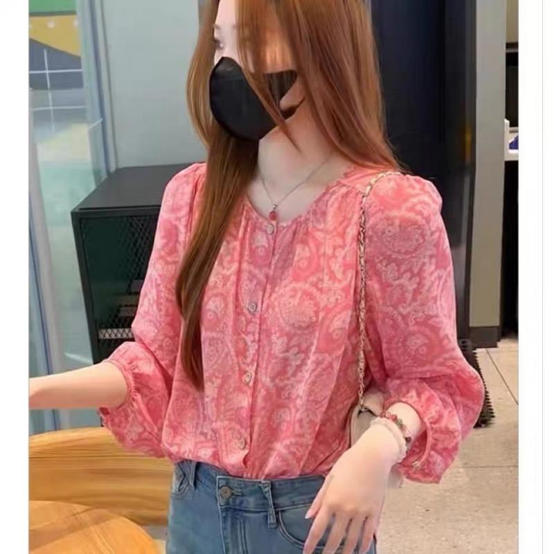 Spring New Korean Style Round Neck Puff Sleeve Printed Shirt for Women Loose and Versatile Long-sleeved Shirt