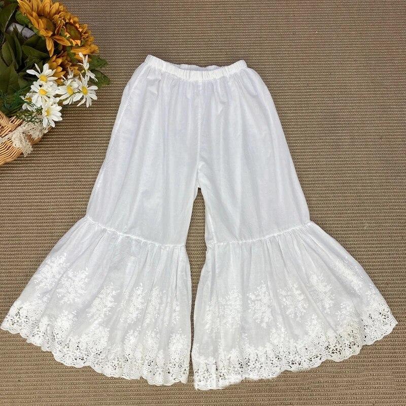 Johnature Summer Ankle-length Boot Cut Pants Mori Vintage Cotton Elastic Waist Solid Color Loose Lace Women Pants