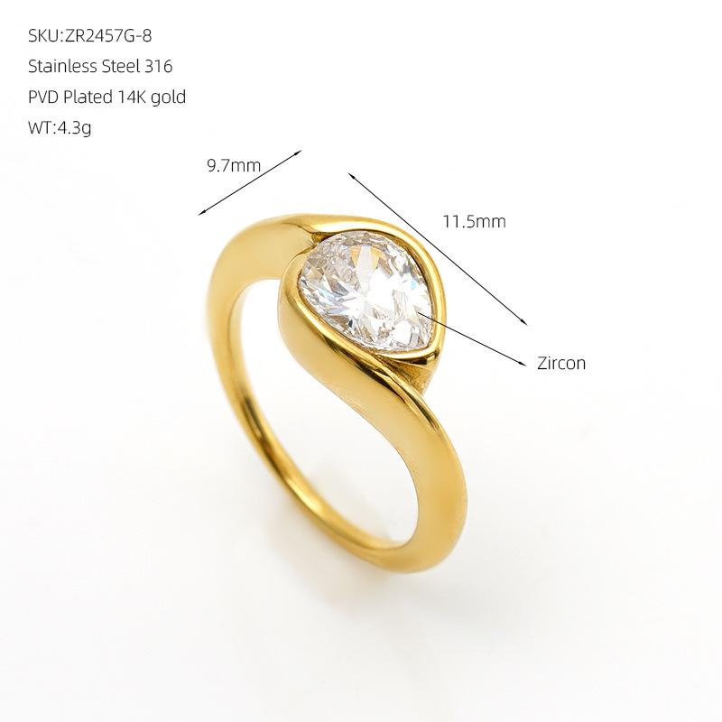 European and American fashion, light luxury, teardrop-shaped, closed-end stainless steel, plated14k Gold ring with cubic zirconia, a versatile ring