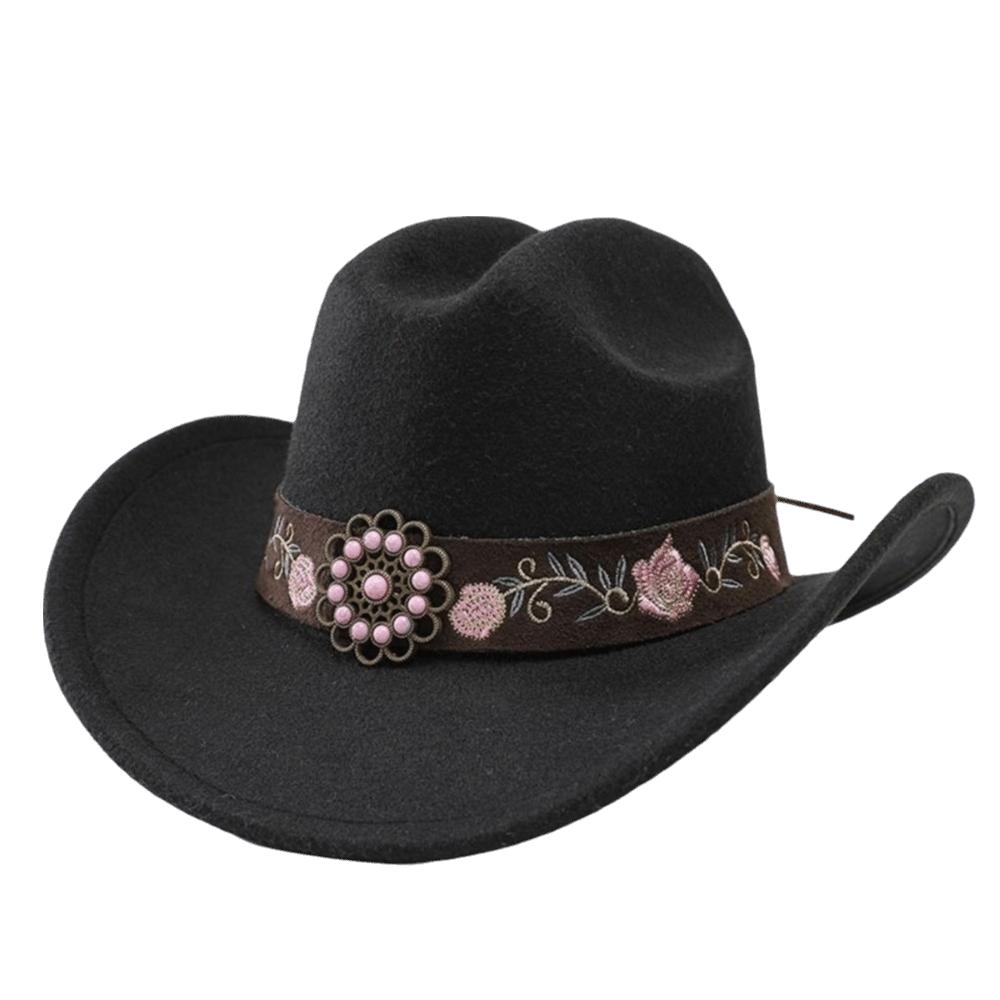 Soft Fedora Hat Floral Embroidery Sun Hat Vintage Felt Western Cowboy Hat Travel Outdoor