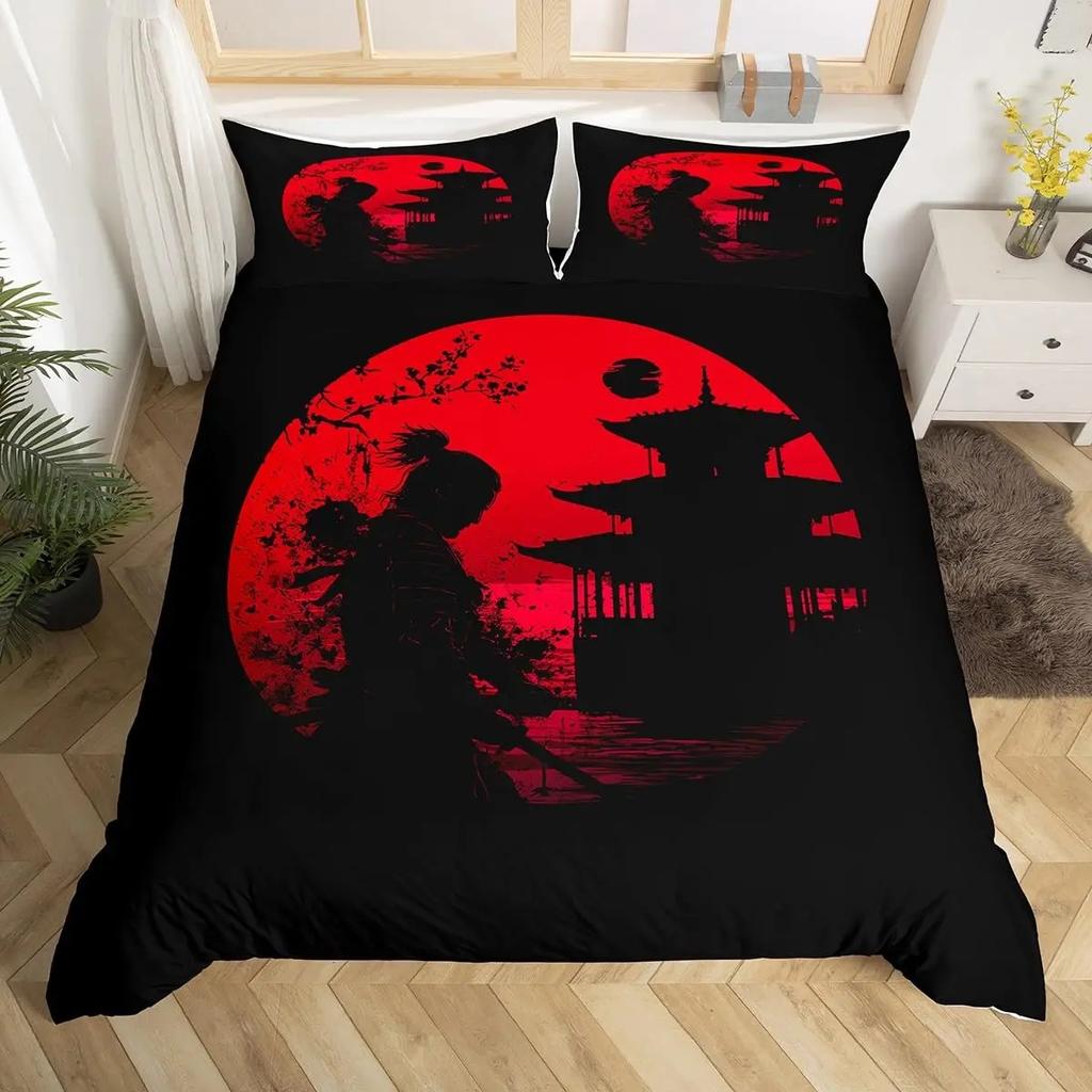 Японский самурайский постельный комплект Полный размер Пододеяльник с вишневыми цветами Красное солнце Хокусай Пододеяльник Фудзияма Покрывало