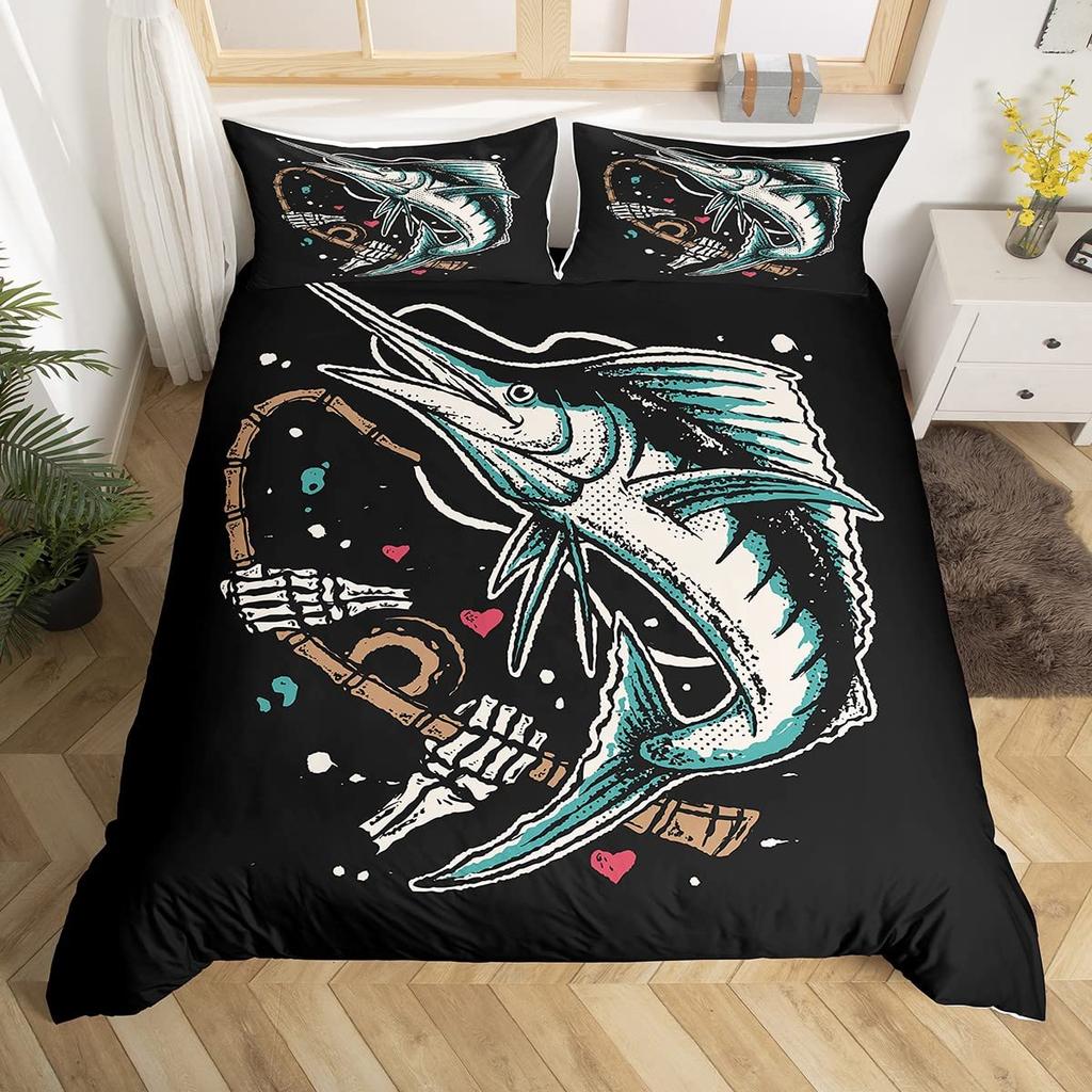Marlin Swordfish Duvet Cover Set Hunting Fishing Bedding Set Tie Dye Sea Fishing Boat Marine Life Nautical Comforter Cover Queen