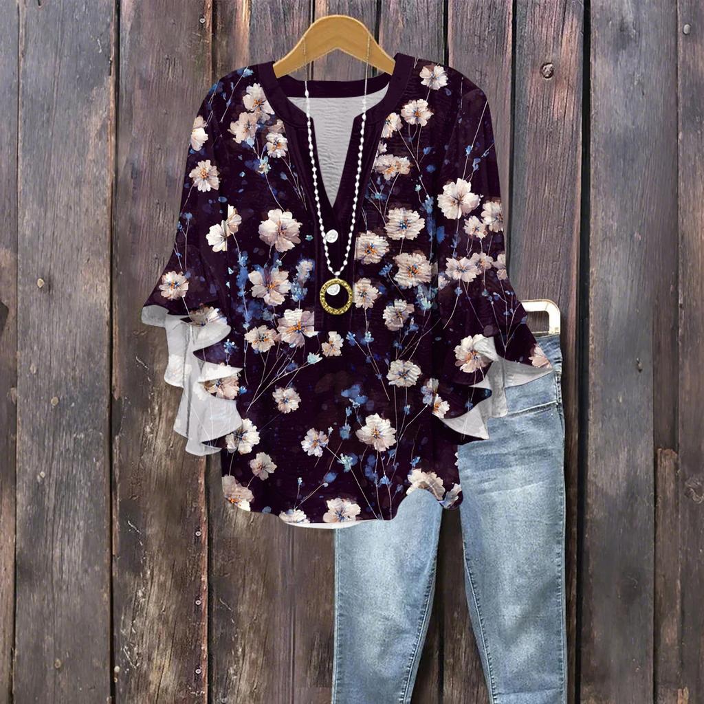 Women's Fashion Button V-Neck Ruffle Seven Sleeve Blouse Floral Printed Top