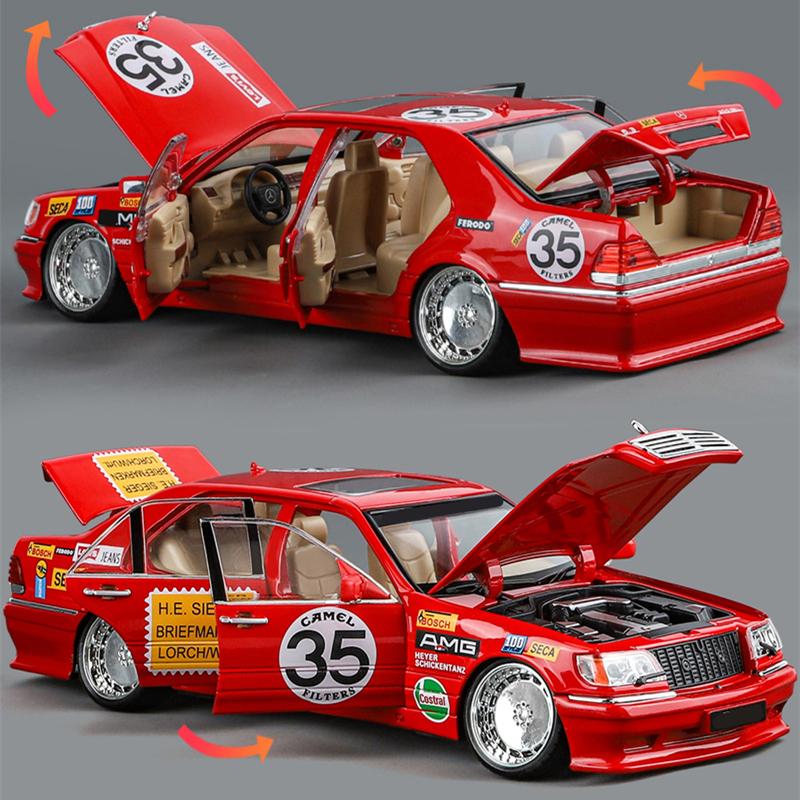 1/24 Benz W140 S320 SEL Red Pig Alloy Wide Body Sports Car Model Diecast Metal Modified Raing Car Model Sound and Light Kids Toy Gift