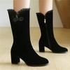 Fashion Elegant Flock Mid-calf Boots Women Shoes Woman Fashion Mid Heels Winter Lace Party Boots Black Red Bottine Mujer Large Size33-43