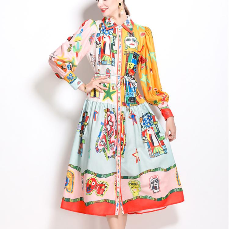 Spring Autumn Women Brand Designer Print Runway Dress Turn-down Collar Shirt Party Dresses With Belt