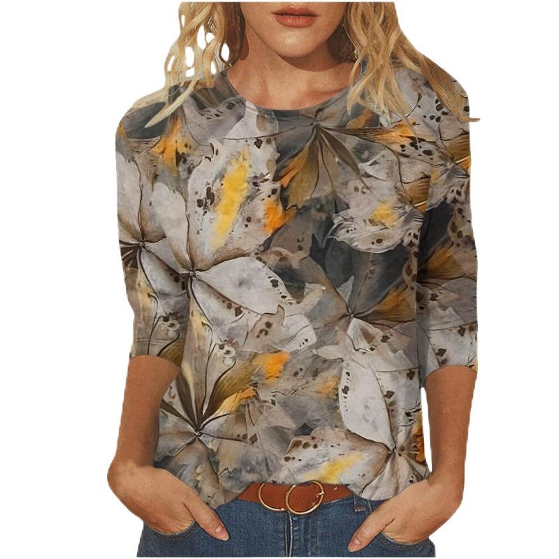 Женская футболка с 3D-принтом, винтажным цветочным принтом, повседневная, с длинным рукавом, круглым вырезом, обычный топ, с повседневным принтом, розовая, весна и осень