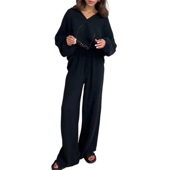 Women's Casual Two Piece Set Loose Casual Long Sleeve Top Lace Up Pants Set Female Turndown Collar Lounge Outfit