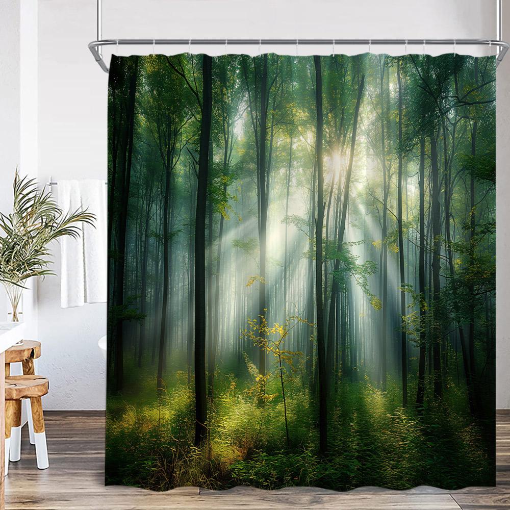 Natural Landscape Waterfall Forest Shower Curtain Scenery Green Leaves Plants Bathroom Decor Polyester Bath Curtain for Home