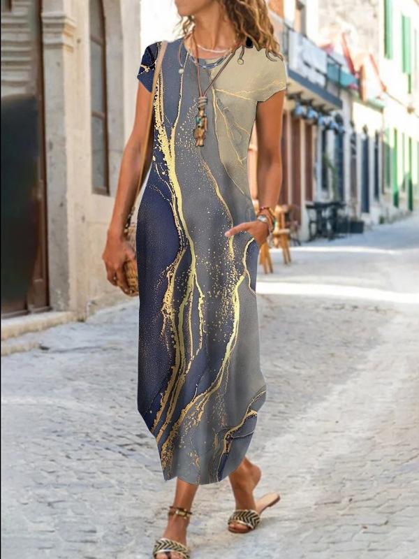 Женское летнее длинное платье с круглым вырезом и коротким рукавом с карманом реглан и цветочным принтом