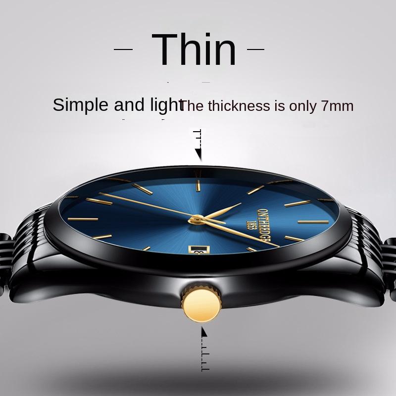 ONTHEEDGE Ультратонкие мужские кварцевые мужские часы с календарем из нержавеющей стали, водонепроницаемые часы