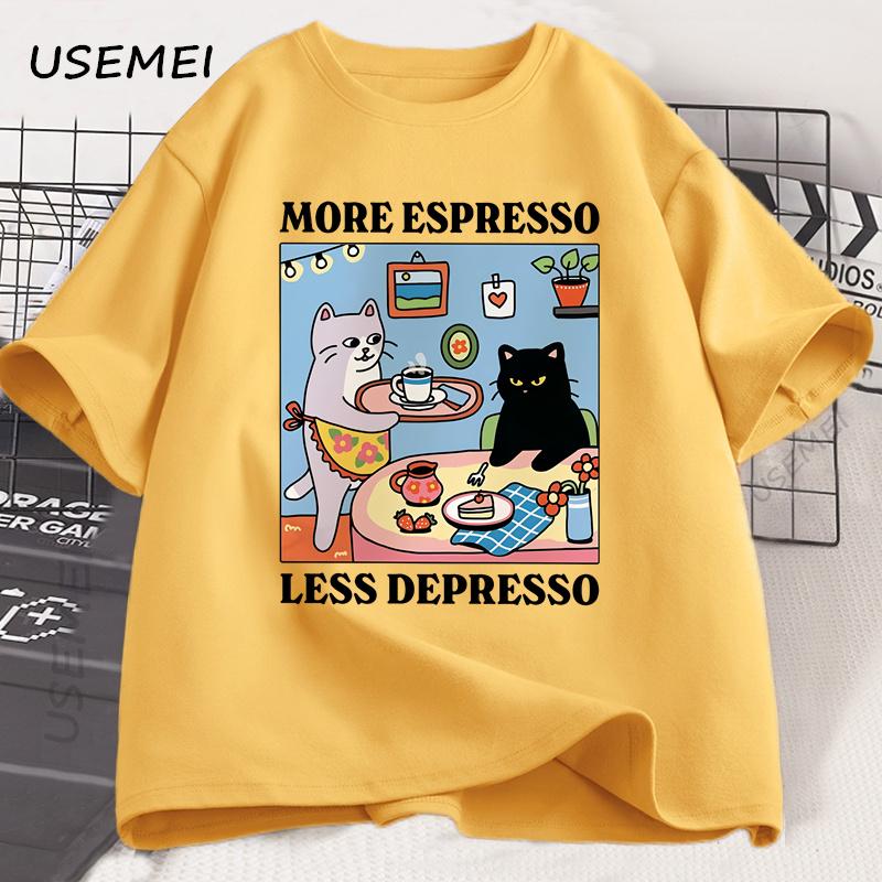 More Espresso Less Depresso Black Cat Tshirt Unisex Women Funny Coffee Cat T Shirt Casual Summer Cotton Short Sleeve Tshirt Tops