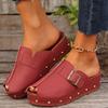 Women's Beige Wedge Sandals - Comfortable Open-Toe Slip-On Clogs with Buckle Straps & Studded Sole, Casual Summer Platform Shoes In Red, Black, or Tan