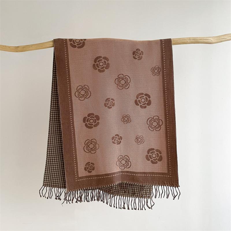 Scarf Women's Autumn and Winter New Core-spun Yarn Camellia Thousand Bird Grid Double-sided Warm Shawl Versatile Decorative Cashmere Scarf