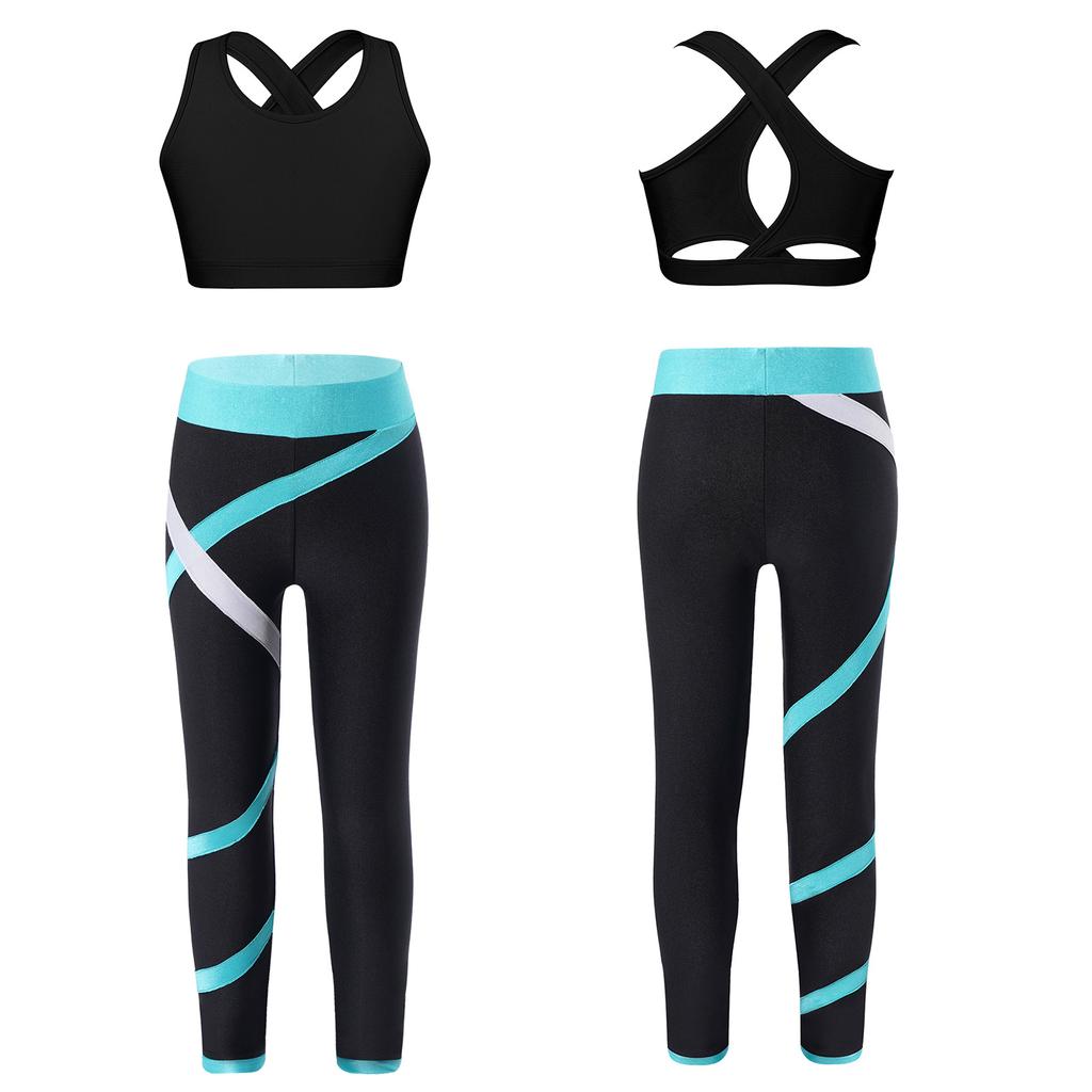 Girls Crop Top U Neck Cross Straps Keyhole Back Sleeveless Color Block Leggings Yoga Sports Set
