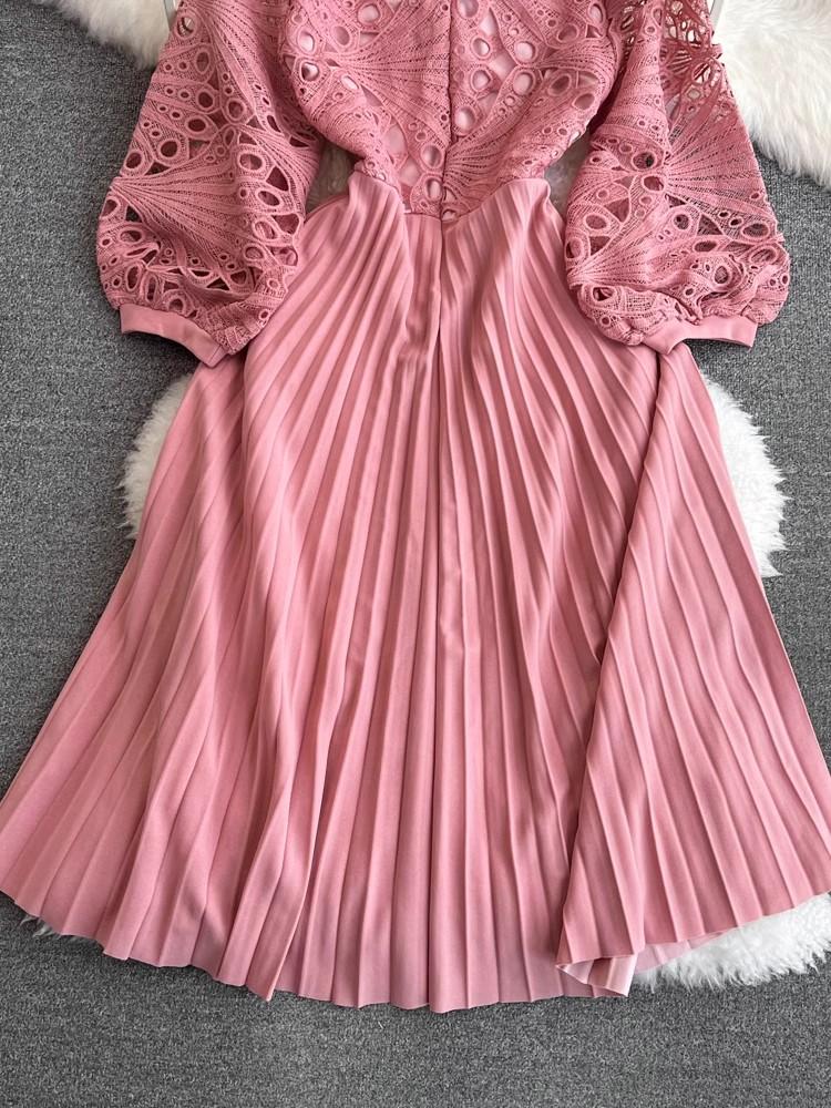 Pink Crochet Lace Hollow Out Embroidery Patchwork Pleated Dress New Summer Women O Neck Lantern Sleeve Slim Holiday Party Dress