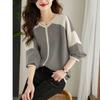 Women Striped T-Shirt Korean Fashion Lantern Long Sleeve Autumn V-Neck Patchwork Blouse Casual Loose Tee Tops