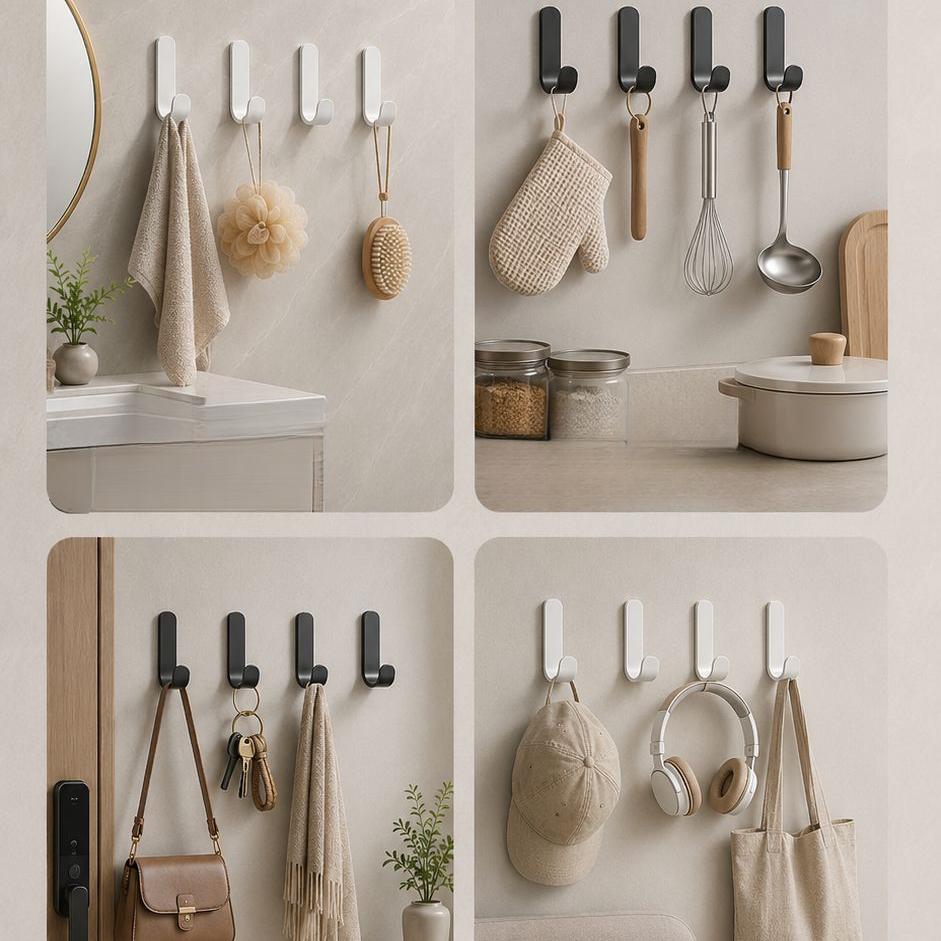 J-Shaped Self Adhesive Wall Hooks Heavy Duty Carbon Steel No-Drill 5-10kg