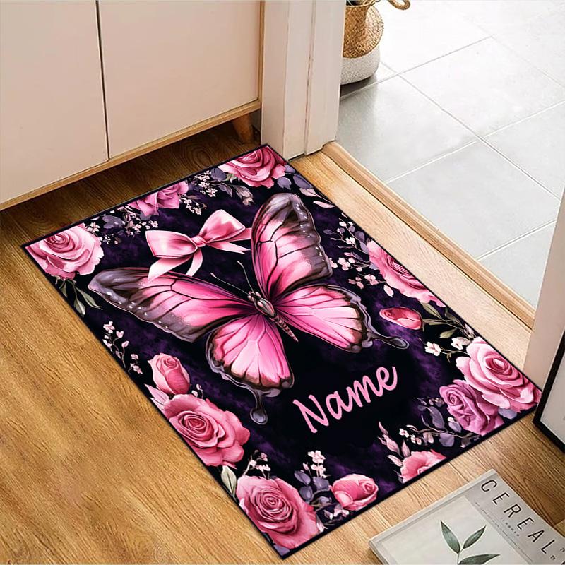 Custom Name Butterfly Garden Rug Game Carpet, Floor Mat for Bedroom Living Room Entryway Rug, Home Decor Idea Gift for Christmas birthday