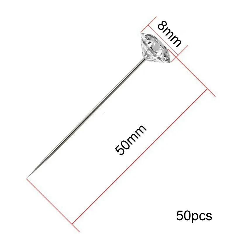 1 Коробка 50 шт. булавки из сплава, прозрачные булавки с бриллиантами, булавки для свадебного букета для рукоделия, швейные иглы, пластиковая коробка, швейные принадлежности