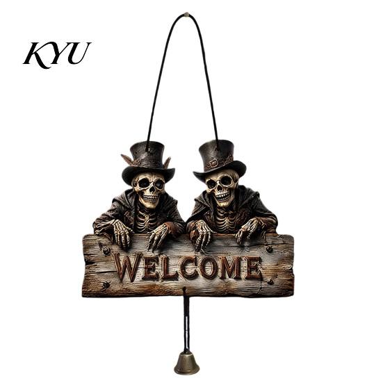 Spooky Home Entrance Decor Halloween Wooden Welcome Hanging Sign, Vintage Farmhouse Door Hanger with Skeleton Pumpkin Style Festive Ghost, Decorative
