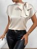 Women Summer Minimalist Shirt Elegant Women's Satin Pink Short Sleeved Lace-up Bow Neck Casual Fitting Office Shirt