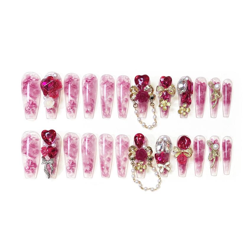 24 шт. Новые новогодние накладные ногти в стиле хэви-метал, свадебные накладные ногти для китайской невесты, полное покрытие, носимые, блестящие, с крупными кристаллами