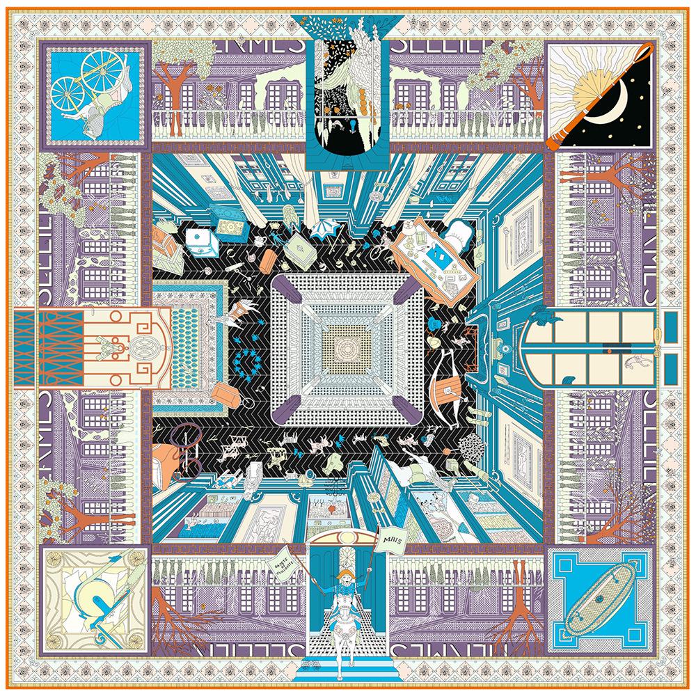 New Design Shawl Palace Printed Silk Scarf 90cm Square Scarves Lady Wraps Kerchief Woman Neck Shawl Wraps Echarpes