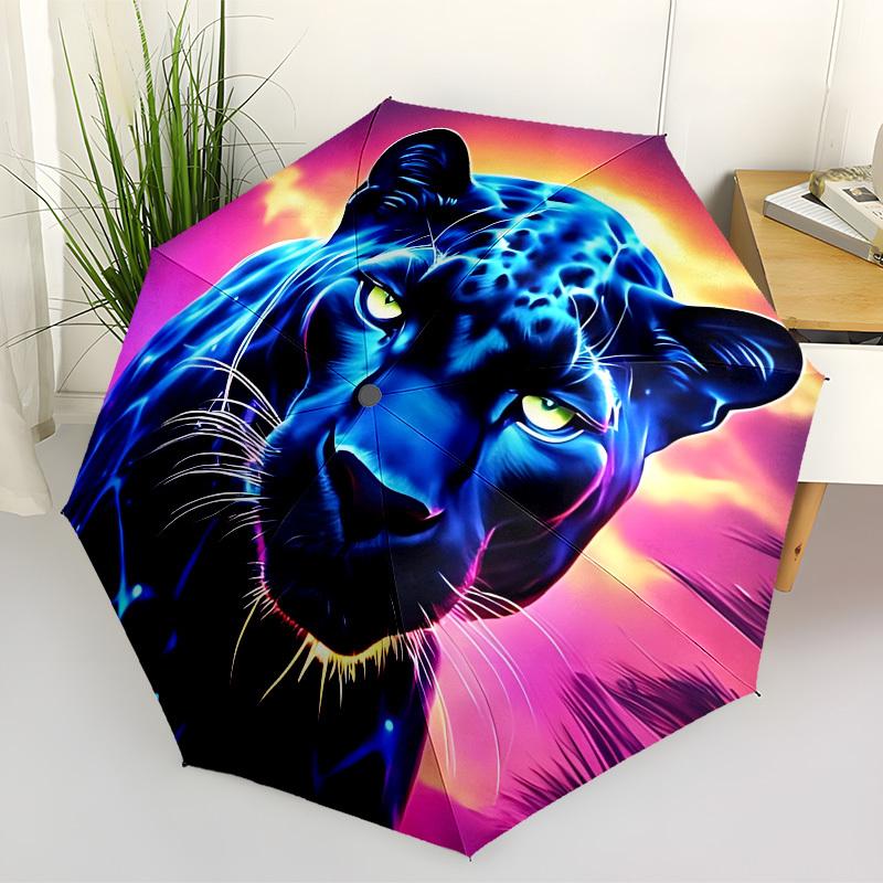 1pc Neon Jaguar Print Fashionable Automatic Opening/Closing Folding Umbrella with 8 Iron Bones, Plastic Handle yy251015093